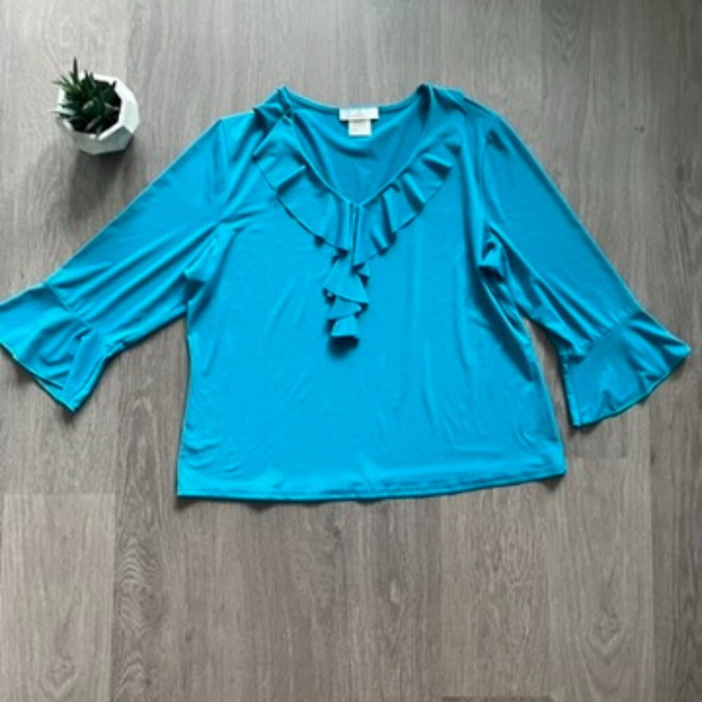 Tradition Blue V Neck Blouse with Bracelet Length Sleeves